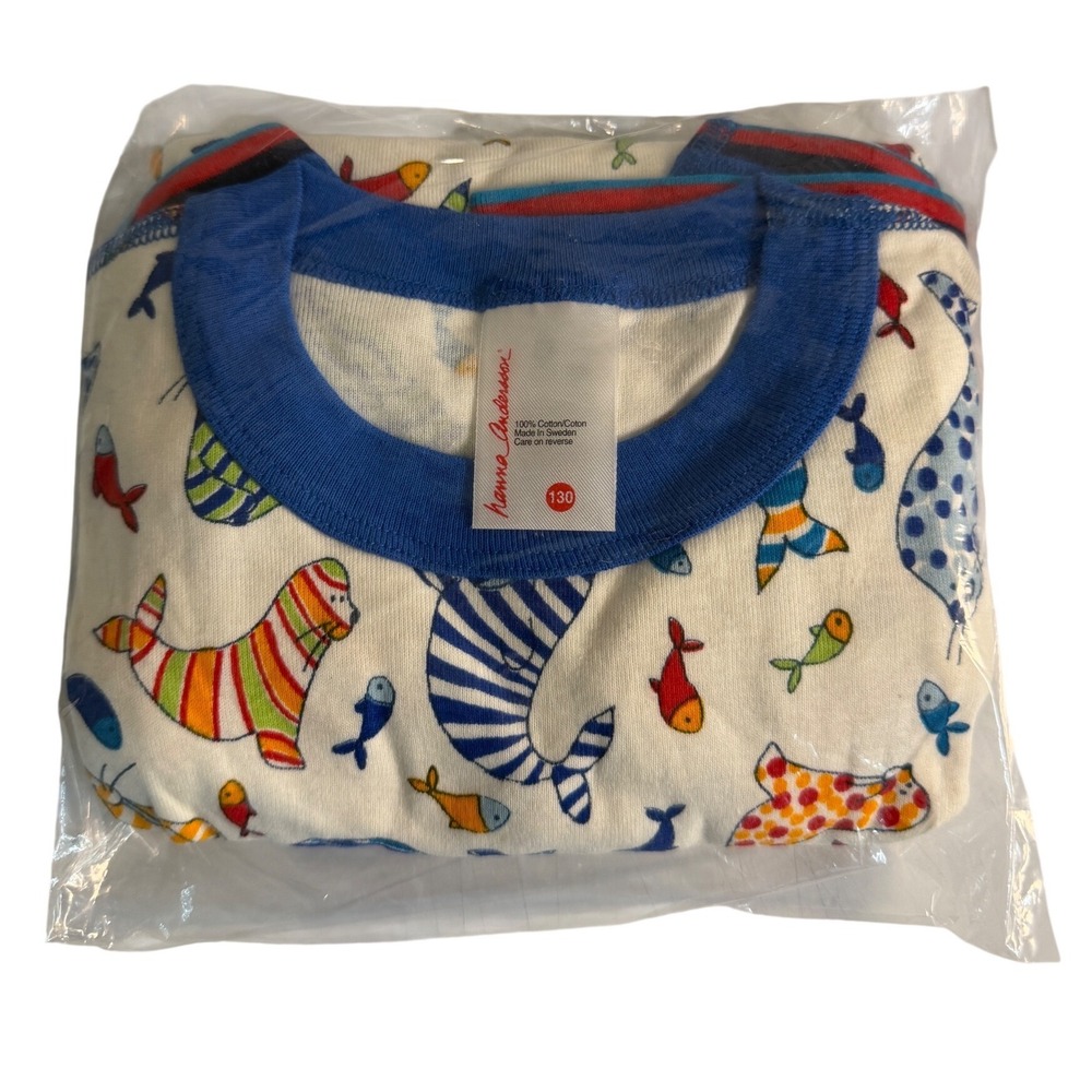 VTG NEW 2001 Hanna Andersson Kids Stripe Walrus Print Cotton Pajama Set 130cm